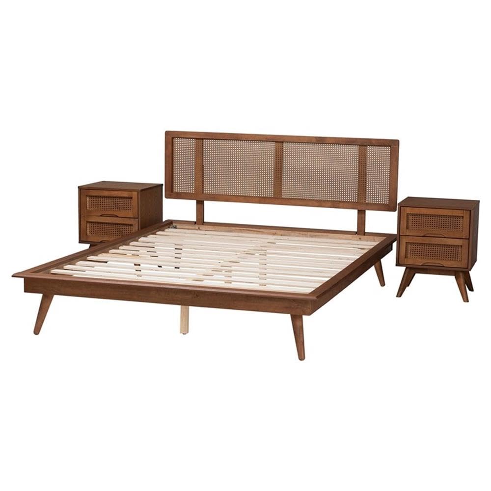 Baxton Studio Nura Mid-Century Modern Walnut Brown Finished Wood And Rattan Full Size 3-Piece Bedroom Set