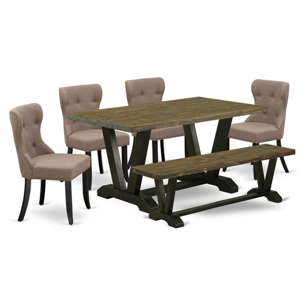East West Furniture V676Si648-6 6 Piece Dining Table Set Contains A Rectangle Kitchen Table With V-Legs And 4 Coffee Linen Fabric Upholstered Chairs With A Bench, 36X60 Inch, Multi-Color