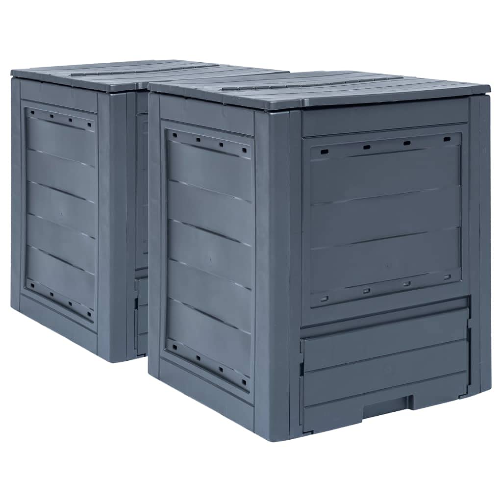 Vidaxl Garden Compost Bins 2 Pcs In Gray - Plastic, Uv And Weather Resistant, Split Lid For Irrigation And Ventilation, Rattan Design.