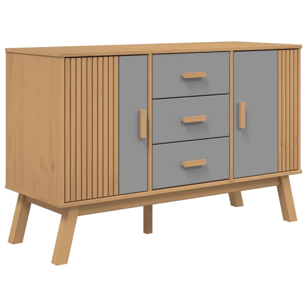 vidaXL Sideboard Olden in Gray and Brown - 44.9&quot;x16.9&quot;x28.9&quot; Solid Pine Wood with 3 Drawers and 2 Compartments, Scandinavian Storage Cabinet