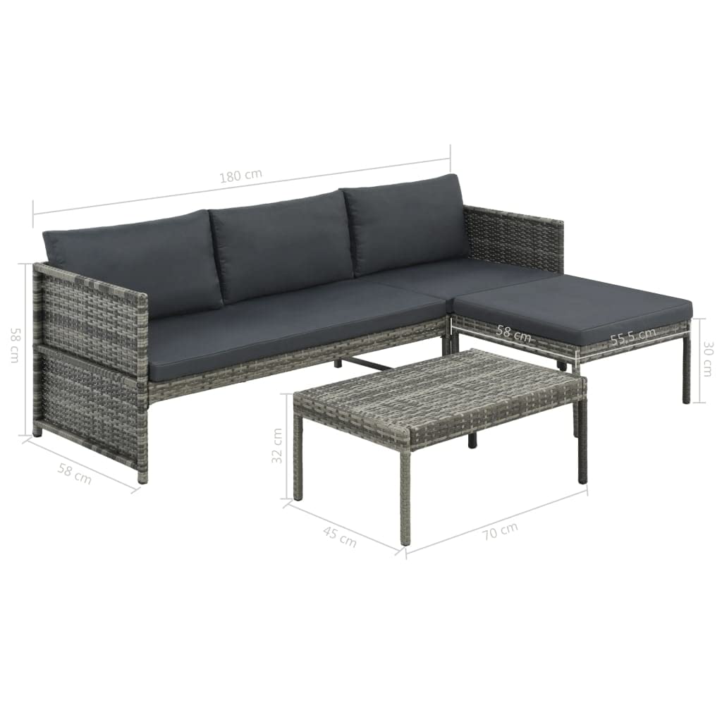 vidaXL Patio Sofa 3 Piece, Garden Sofa Set with Cushions, Patio Lounge Set Outdoor Sectional Sofa Couch for Balcony Garden, Poly Rattan Gray