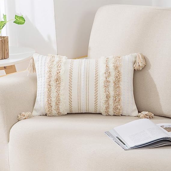 decorUhome Boho Lumbar Decorative Throw Pillow Covers for Bed Bedroom Neutral Accent Cushion Cover Tufted Woven Pillow Case, 12X
