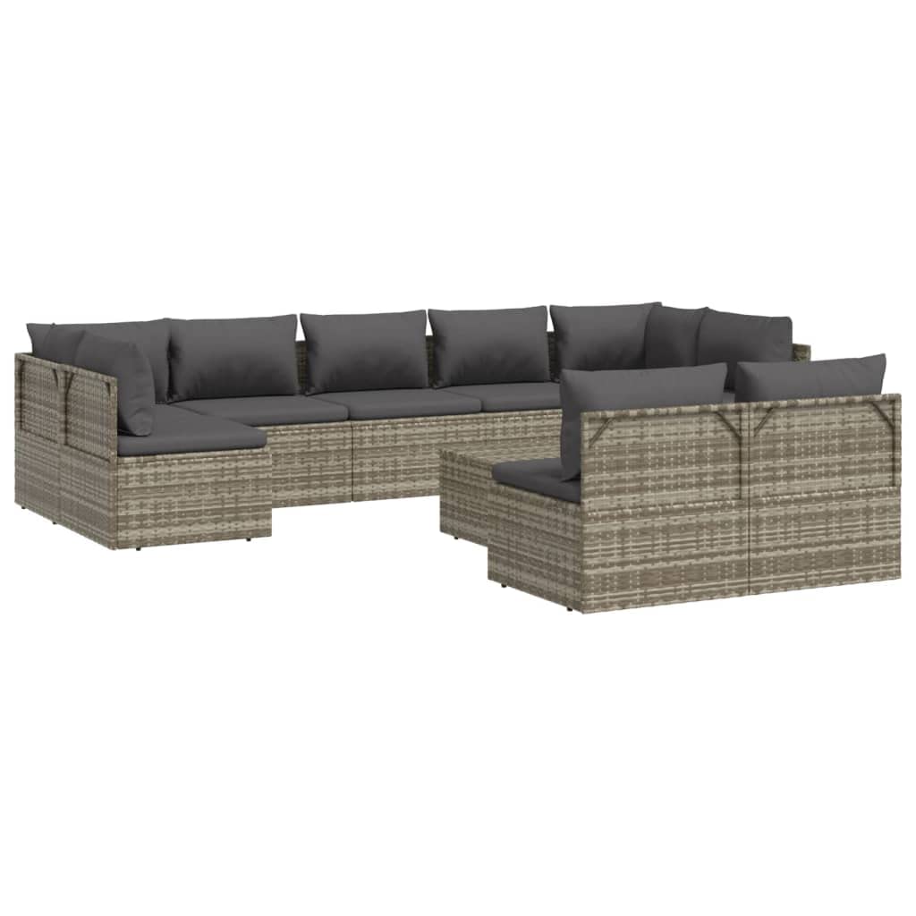 Vidaxl Contemporary 10 Piece Patio Lounge Set With Cushions - Resilient Gray Poly Rattan With Sturdy Steel Frame And Ample Storage – Comfortable Outdoor Furniture - Dark Gray Cushions Included