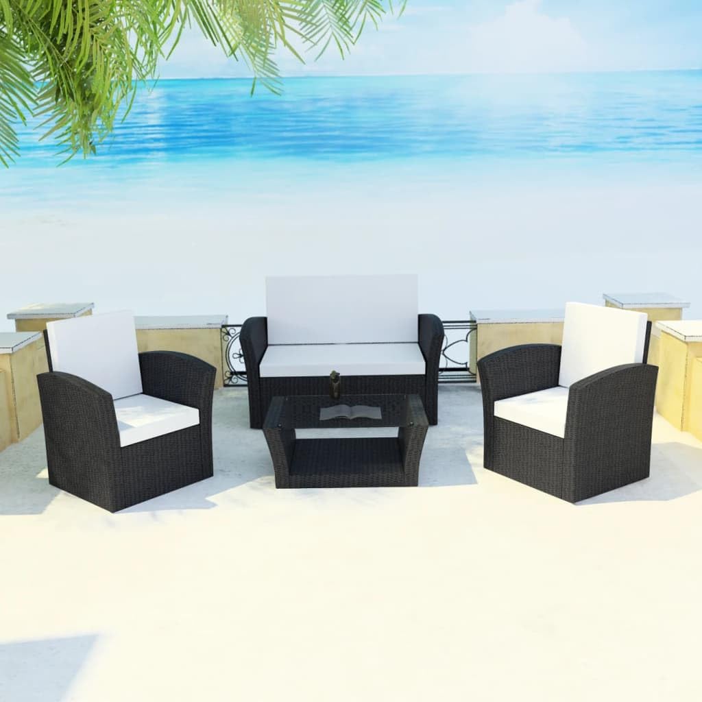 vidaXL Patio Sofa Set 4 Piece, Sectional Sofa for Outdoor Backyard, Couch with Cushions, Patio Furniture Set with Table, Poly Rattan Black
