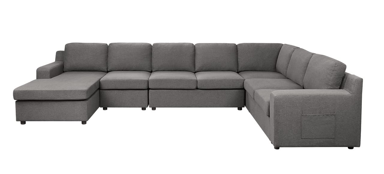 Lilola Home Waylon Gray Linen 7-Seater U-Shape Sectional Sofa Chaise with Pocket