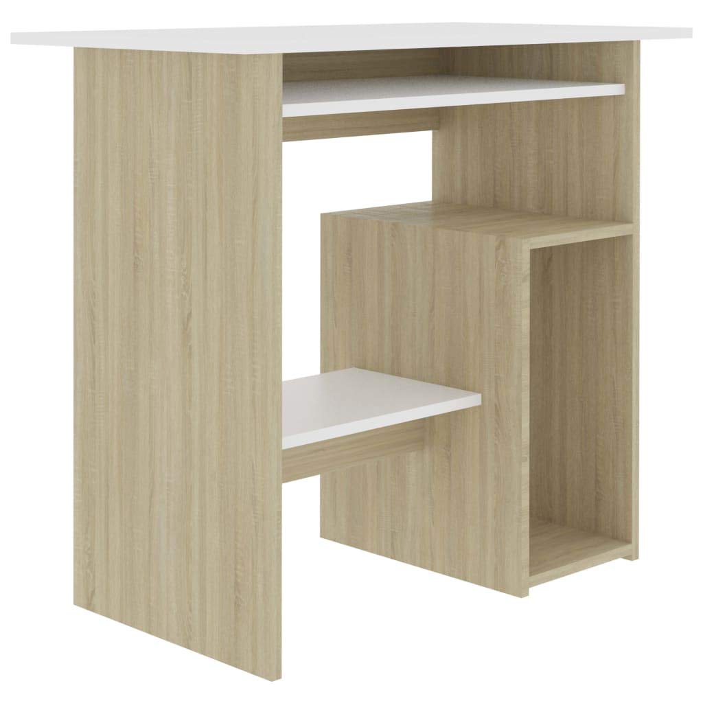 vidaXL- Modern Computer Desk, Compact Office/Study Desk with Keyboard Tray, PC Shelf, Easy-to-Clean, in White and Sonoma Oak, Made of Engineered Wood.