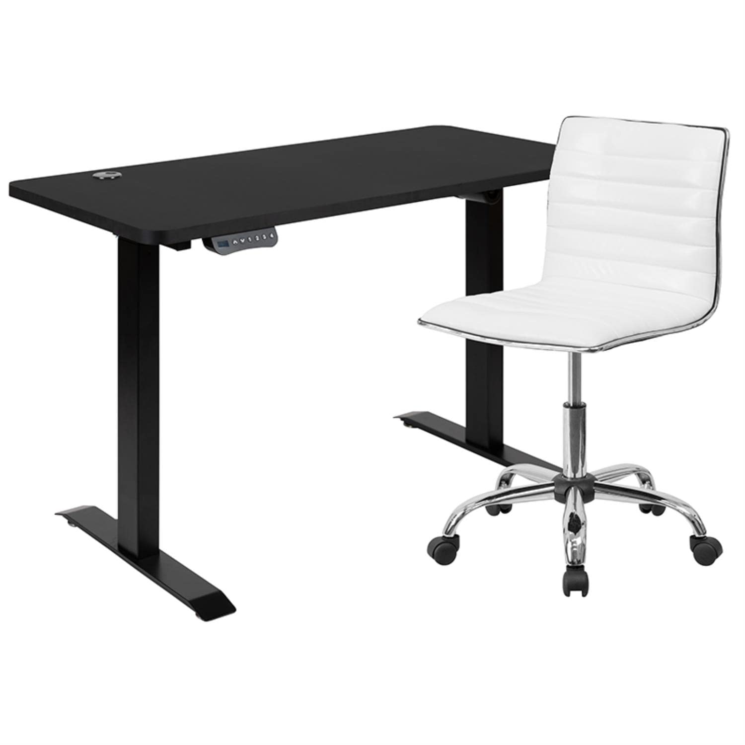 Flash Furniture Park 48&quot; Wide Black Electric Height Adjustable Standing Desk with Designer Armless White Ribbed Swivel Task Office Chair