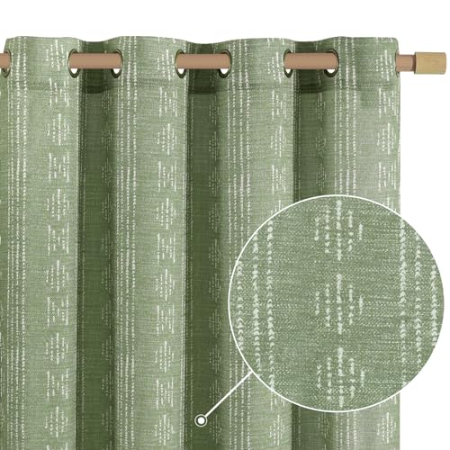 Jinchan Boho Curtains Linen Blend Curtains For Living Room Farmhouse Sage Green Curtains 90 Inches Long For Bedroom Semi Sheer Striped Printed Light Filtering Grommet Curtains 2 Panels Set