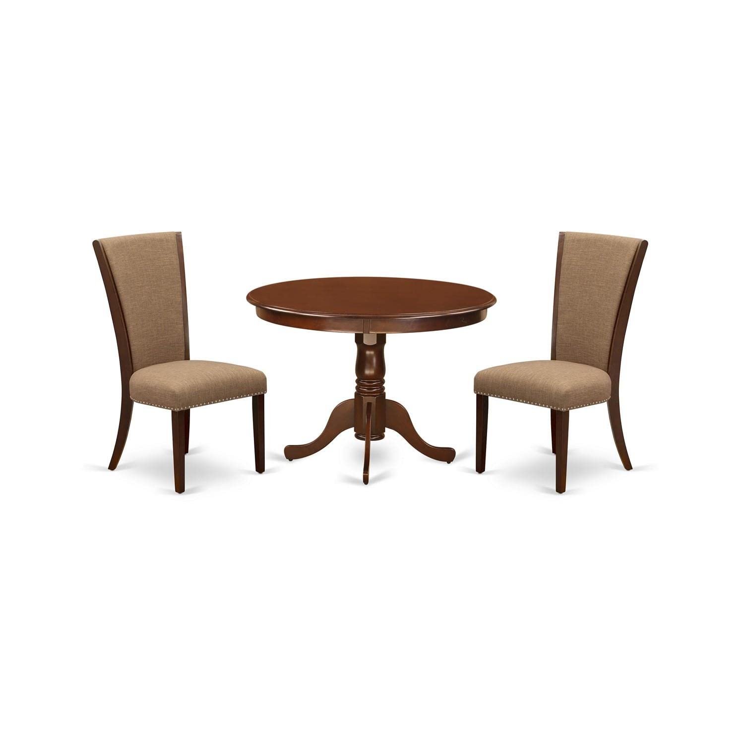 East West Furniture Hlve3-Mah-47 3 Piece Dining Set Contains A Round Dining Room Table With Pedestal And 2 Light Sable Linen Fabric Upholstered Chairs, 42X42 Inch, Linen White