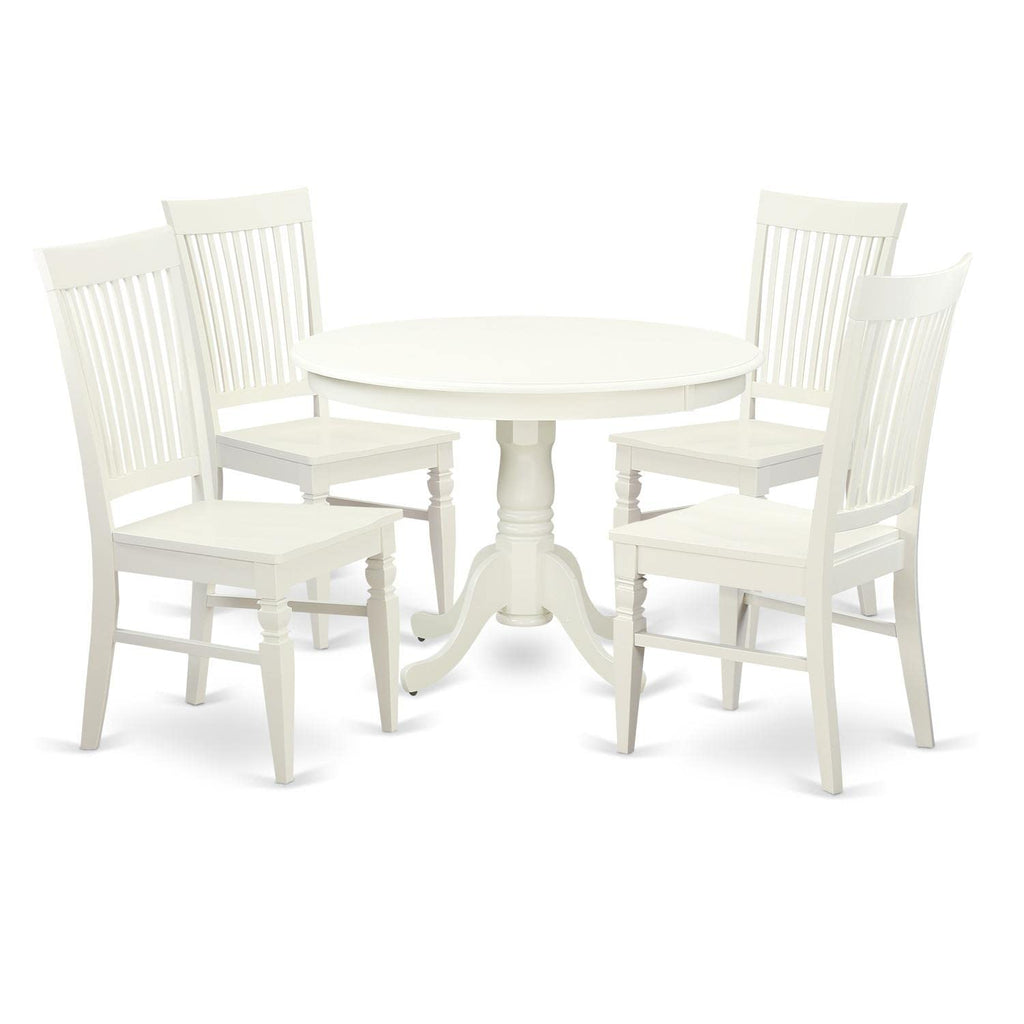 East West Furniture Hartland 5 Piece Set Includes a Round Dining Table with Pedestal and 4 Kitchen Chairs, 42x42 Inch, Linen White