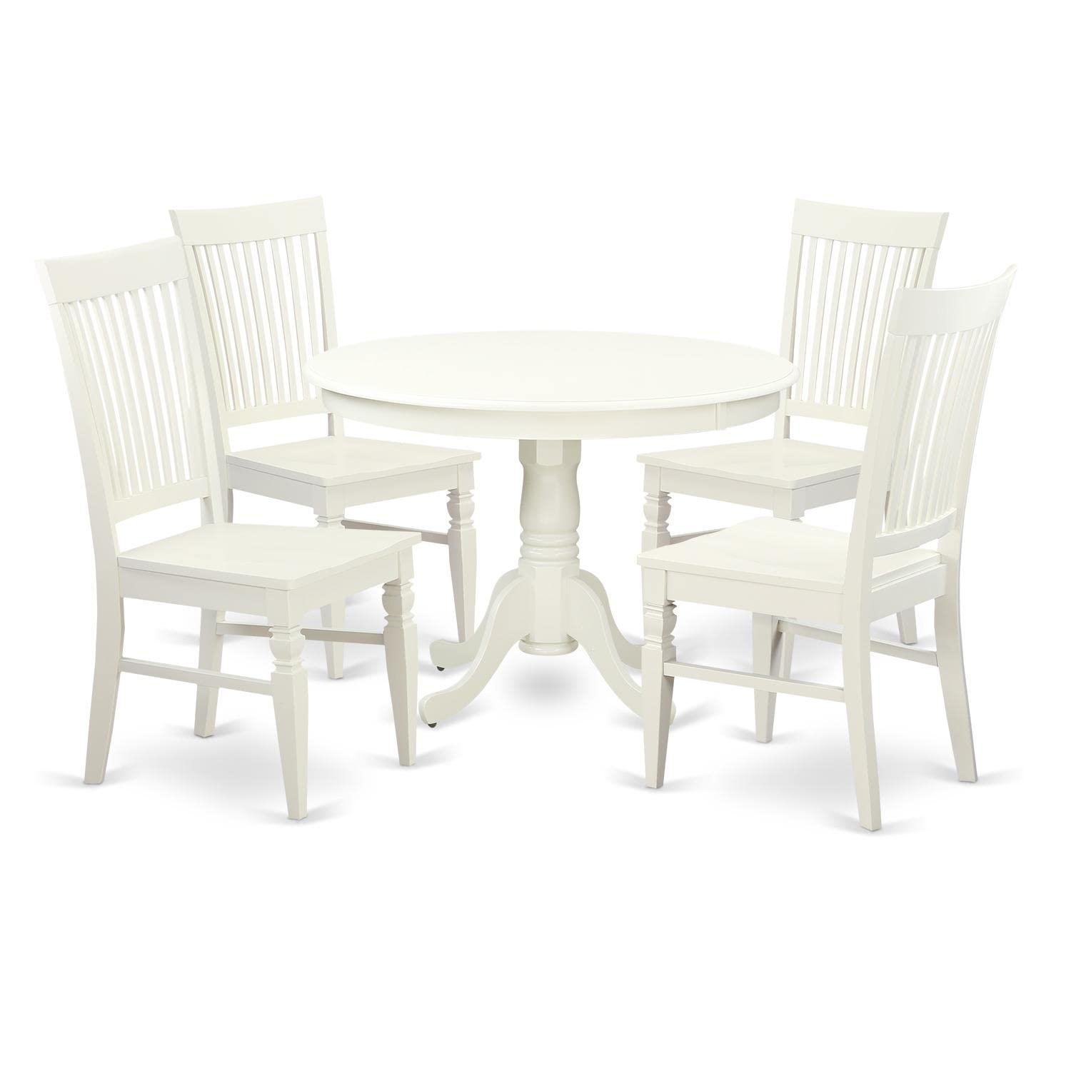 East West Furniture Hartland 5 Piece Set Includes a Round Dining Table with Pedestal and 4 Kitchen Chairs, 42x42 Inch, Linen White