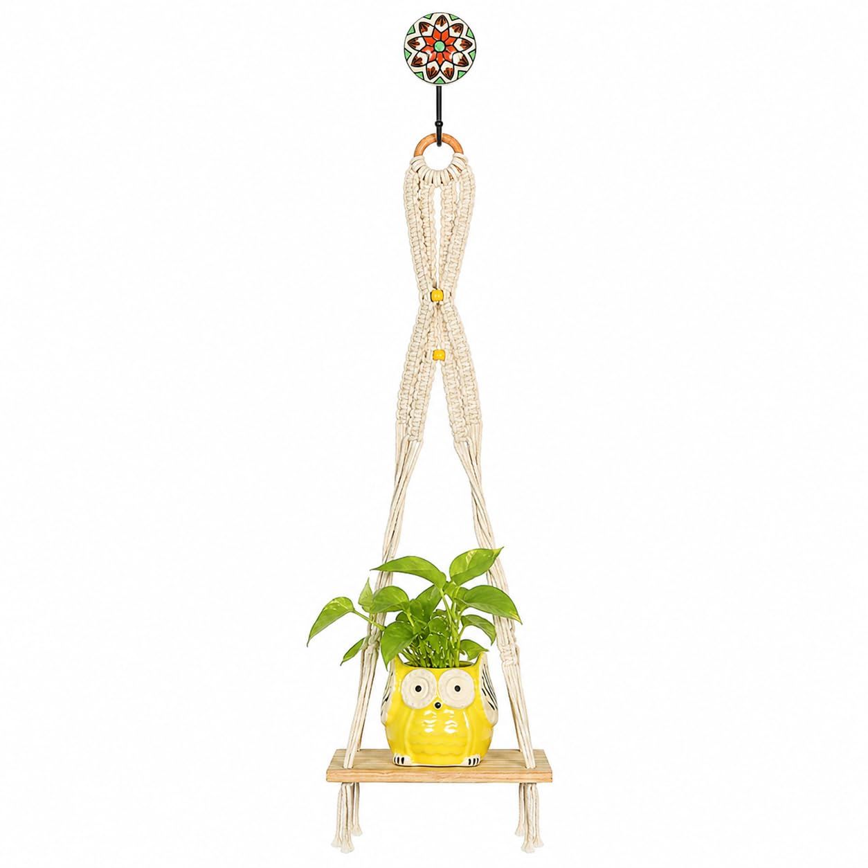 Kaameri Bazaar Macrame Boho Braid Mini Shelve With Owl Shaped Planter And Ceramic Hook  Macrame Wall Hanging L Owl Planter Pot