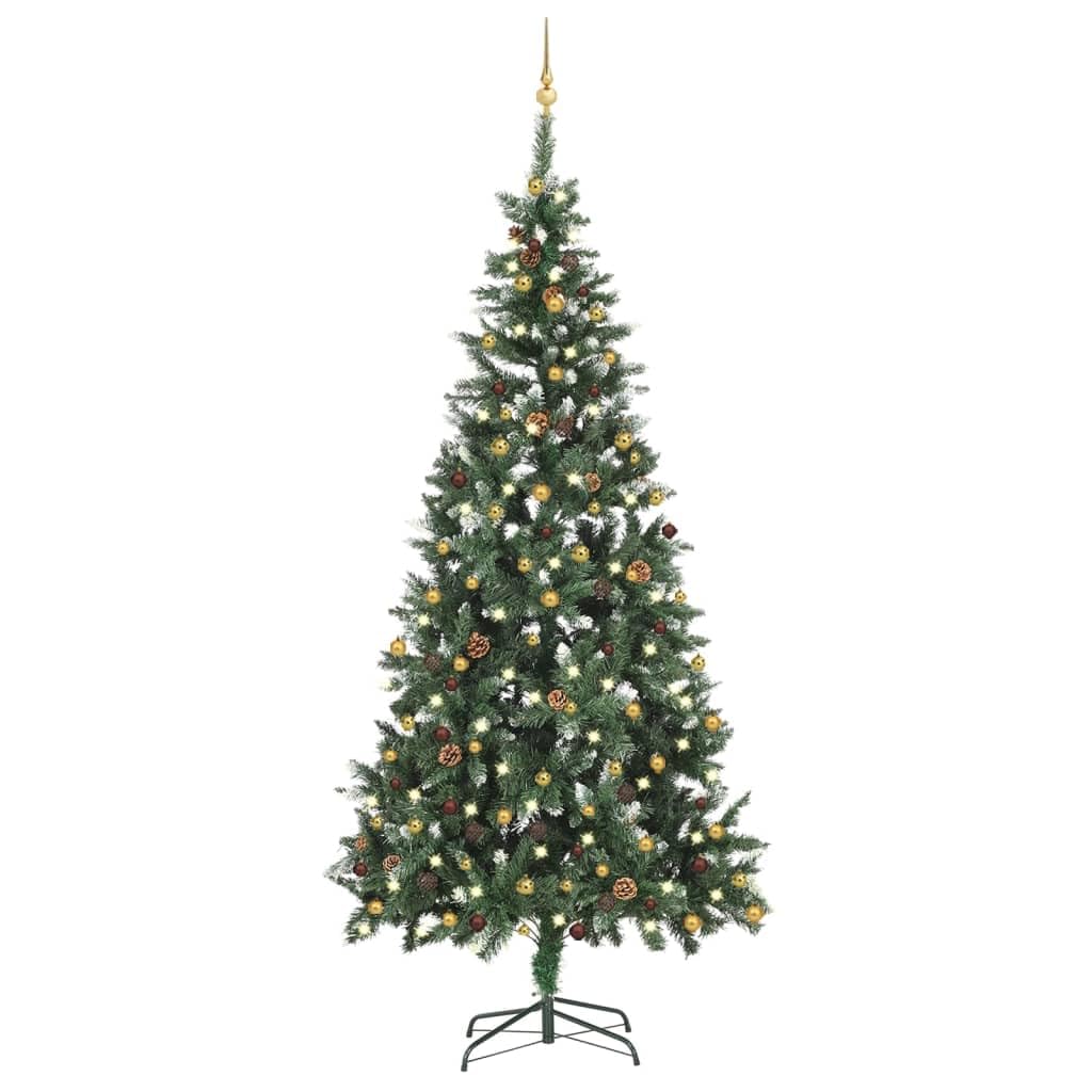 Vidaxl Artificial Christmas Tree With Leds & Ball Set - 82.7&quot; Lifelike Pine Tree Design, Dense Branches With White Glitter, 300 Led String Lights, Peak And Ball Decorations, Iron Base - Green, Whi...