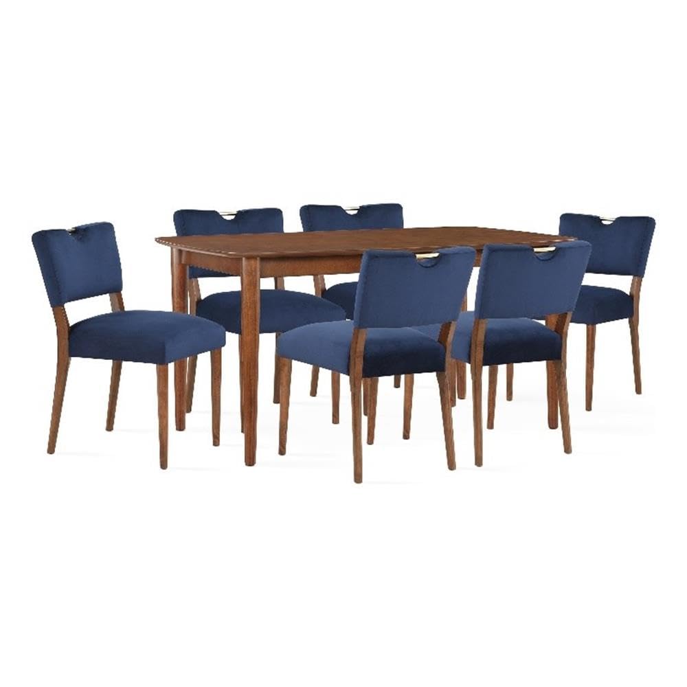 Comfort Pointe Bonito Blue Velvet 7-Piece Transitional Dining Set in Walnut Wood Finish