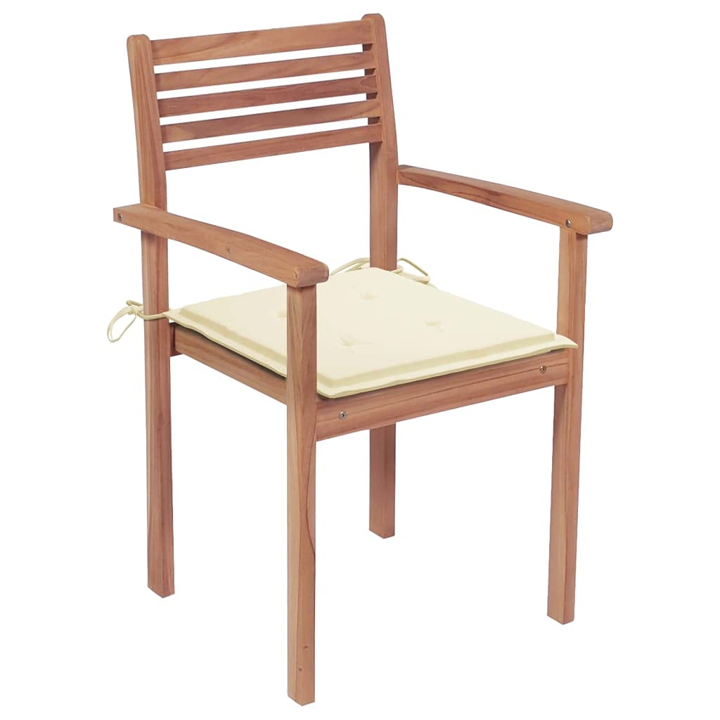 vidaXL Solid Teak Wood Patio Chairs with Cream Cushions - Classic Design, Stackable for Easy Storage, Ideal for Home, Office, Bars and Cafes - Set of 2