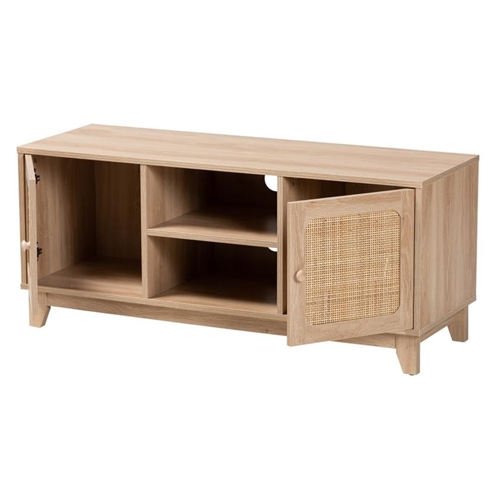 Baxton Studio Elsbeth Mid-Century Modern Light Brown Finished Wood and Natural Rattan 2-Door TV Stand