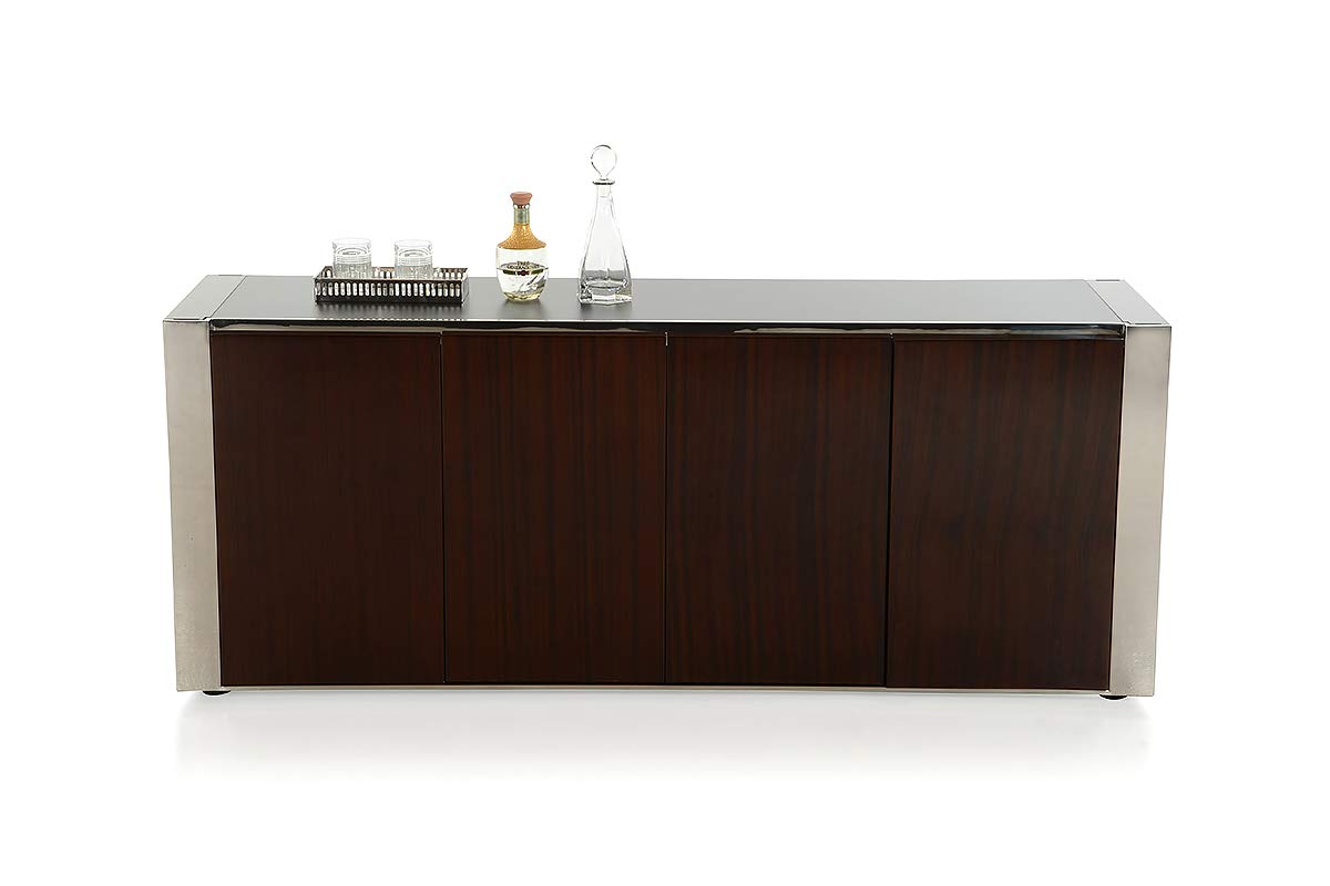 HomeRoots Veneer, Steel, Glass Modern Golden Teak Buffet