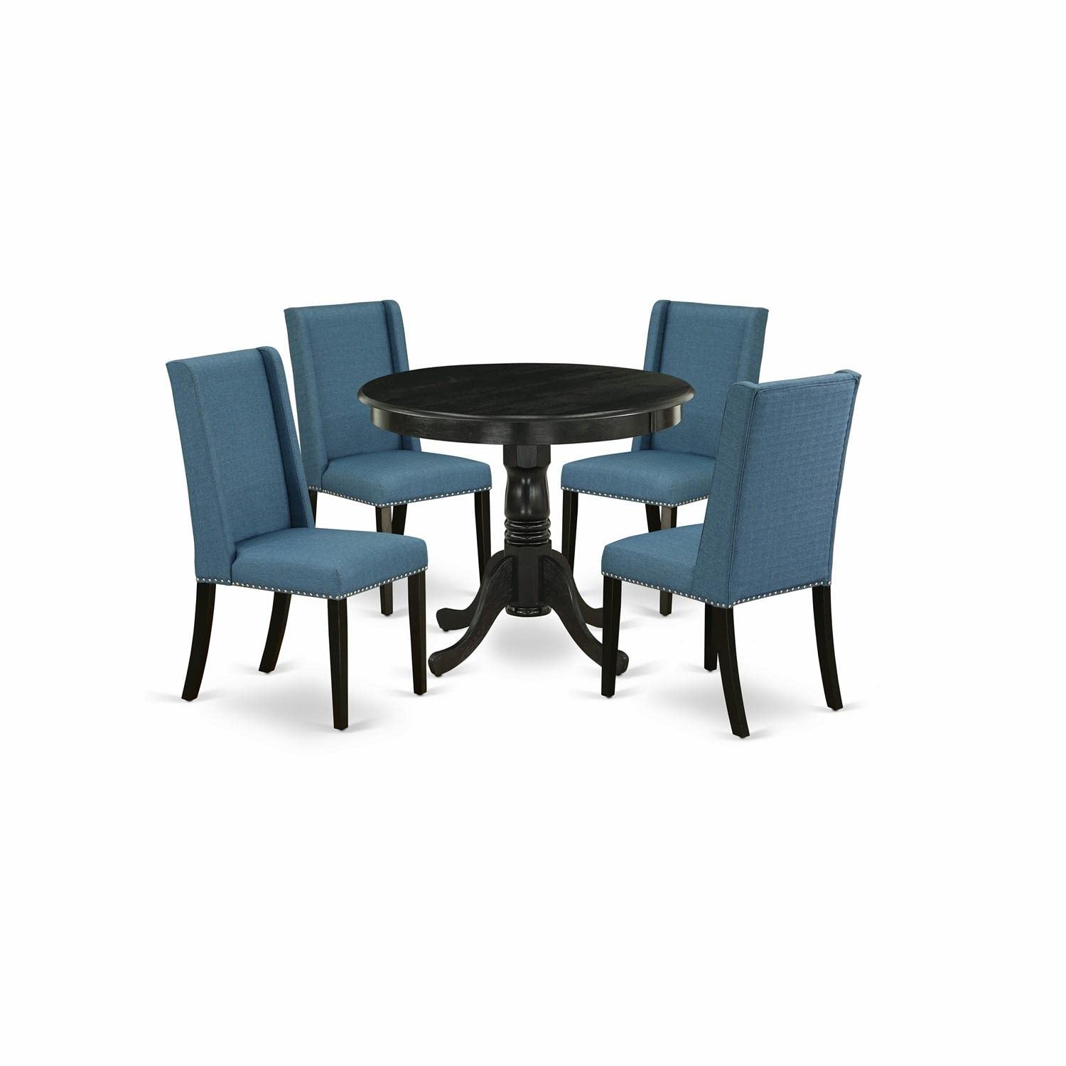 East West Furniture Anfl5-Abk-21 5 Piece Dinette Set For 4 Includes A Round Kitchen Table With Pedestal And 4 Blue Linen Fabric Parsons Dining Chairs, 36X36 Inch, Wirebrushed Black