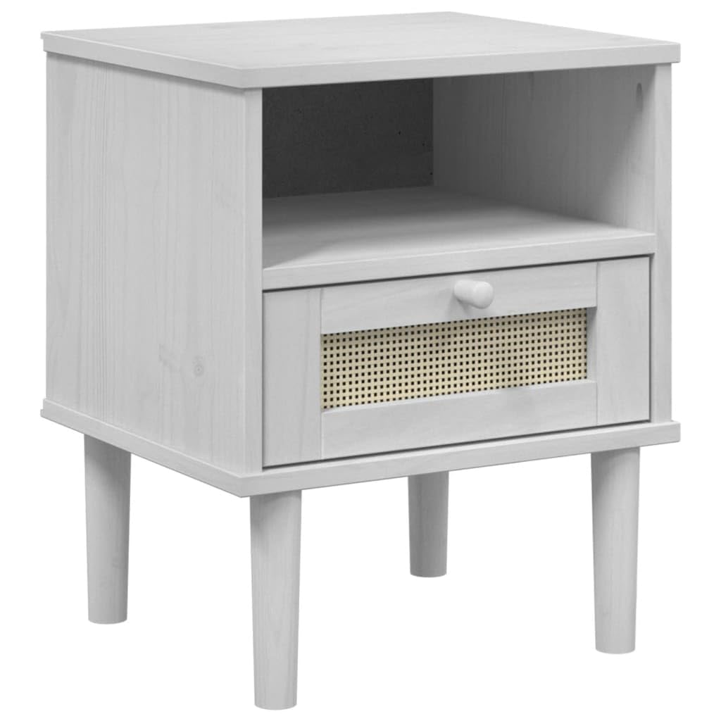 vidaXL Bedside Cabinet SENJA in White - Rattan Look Nightstand - Constructed from Solid Pine Wood with UV Varnish Finish - Ample Storage with Drawer and Compartment