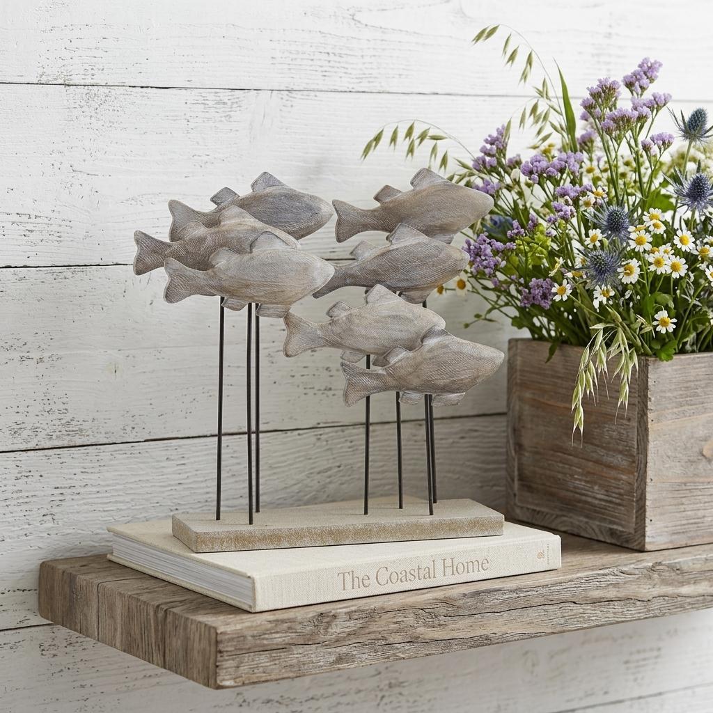 9 Brown And Gray Wood And Metal School Of Fish Tabletop Sculpture