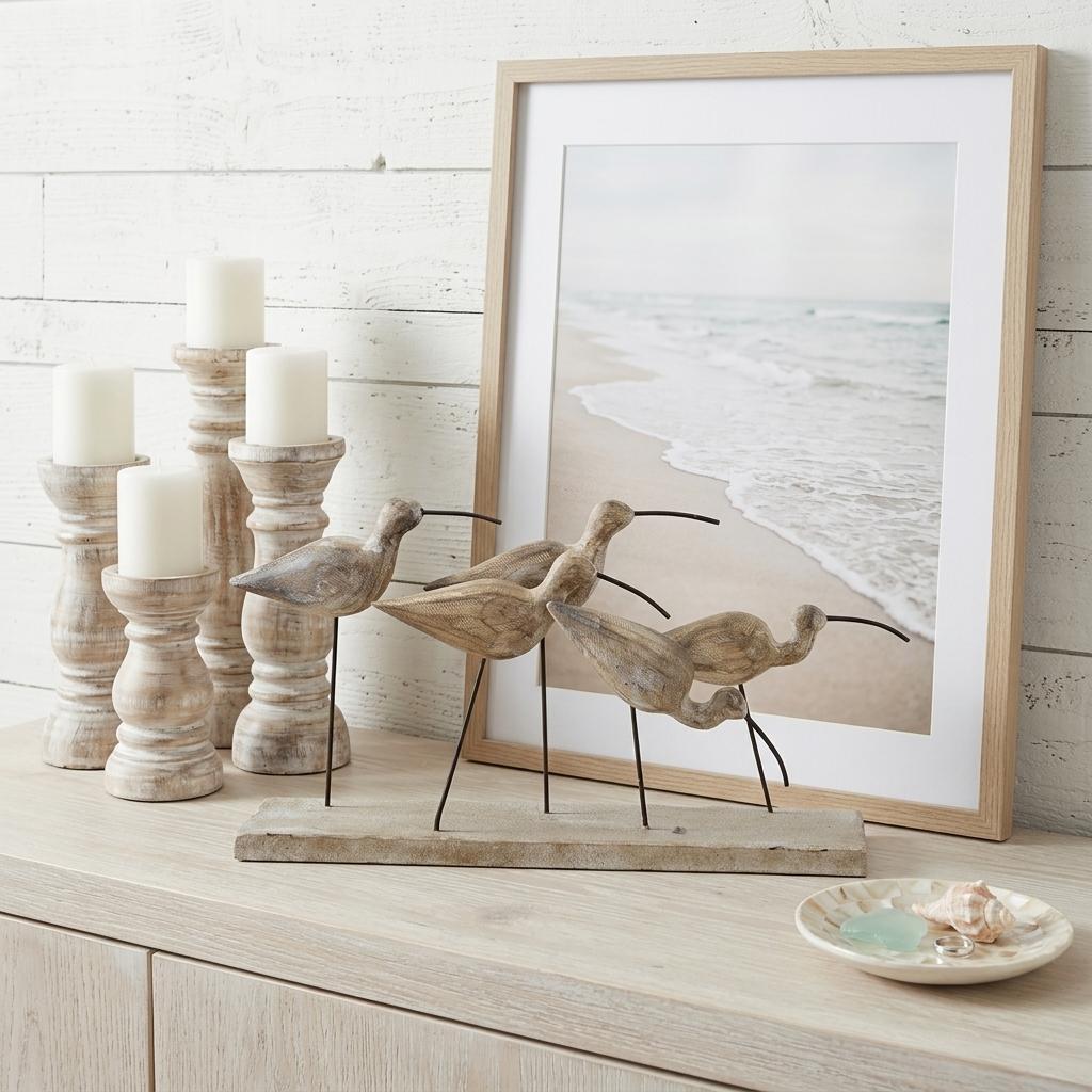 13 Natural Metal And Wood Coastal Sand Plover Birds Tabletop Sculpture