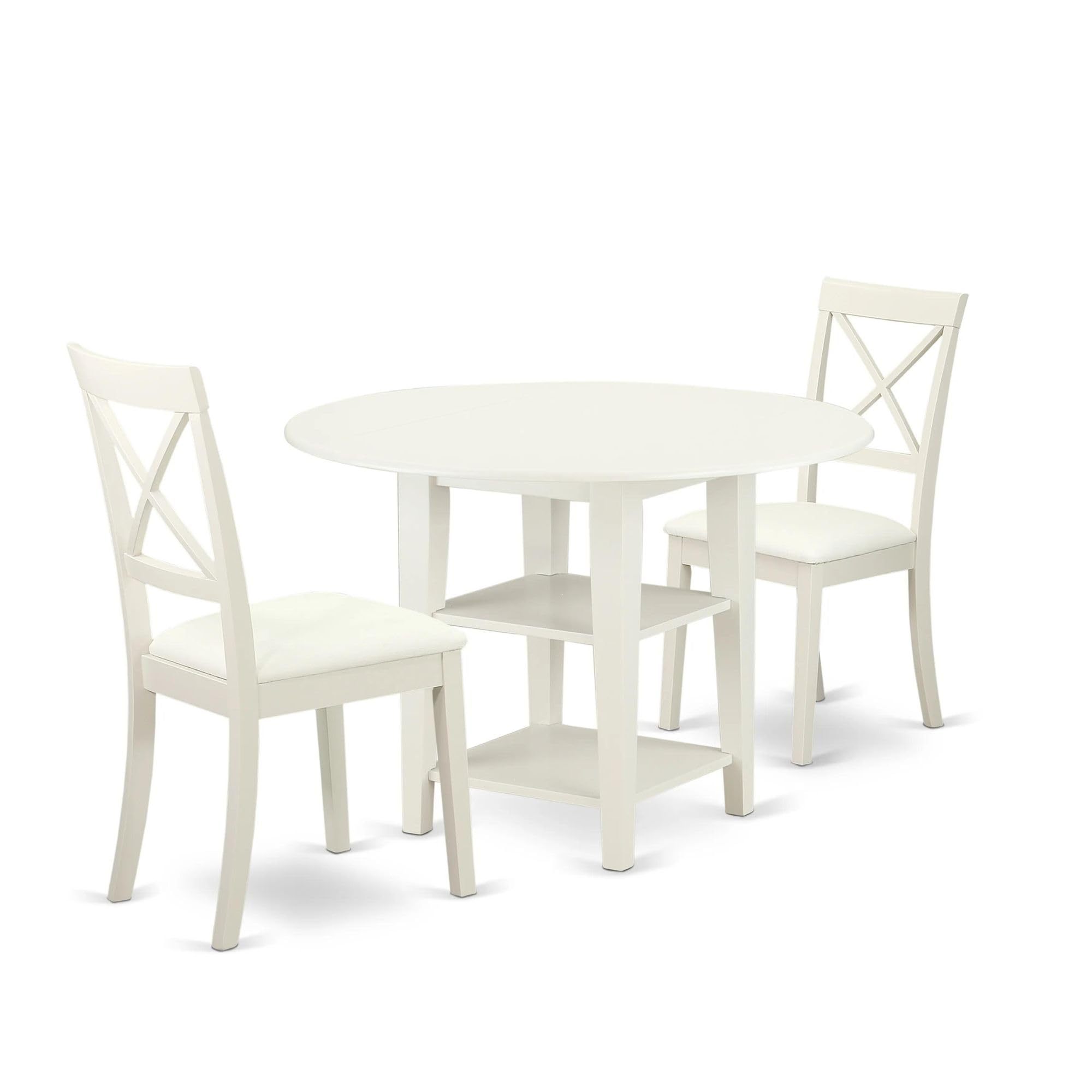 East West Furniture Subo3-Lwh-Lc 3 Piece Dining Room Furniture Set Contains A Round Dining Table With Dropleaf & Shelves And 2 Faux Leather Upholstered Chairs, 42X42 Inch, Linen White