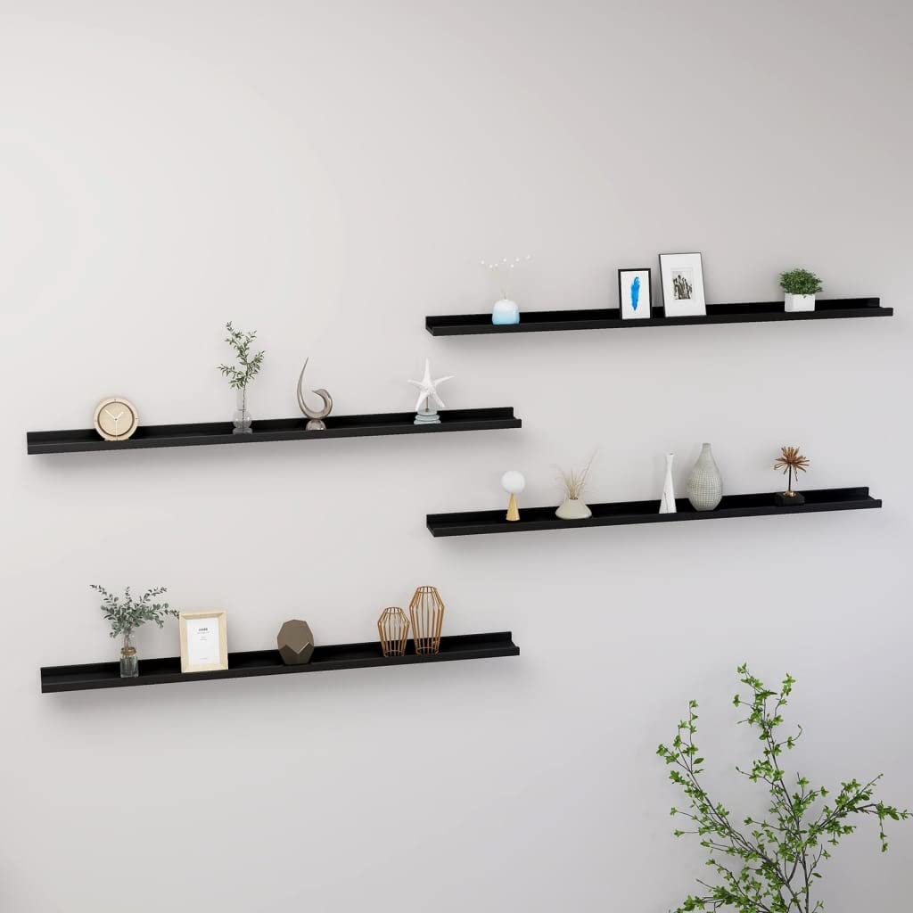 vidaXL MDF Modern Decorative Wall Shelves - Set of 4 Wall Mounted Black Display Storage Shelves for Books, Collectibles, Ornaments - Size 45.3&quot;x3.5&quot;x1.2&quot;