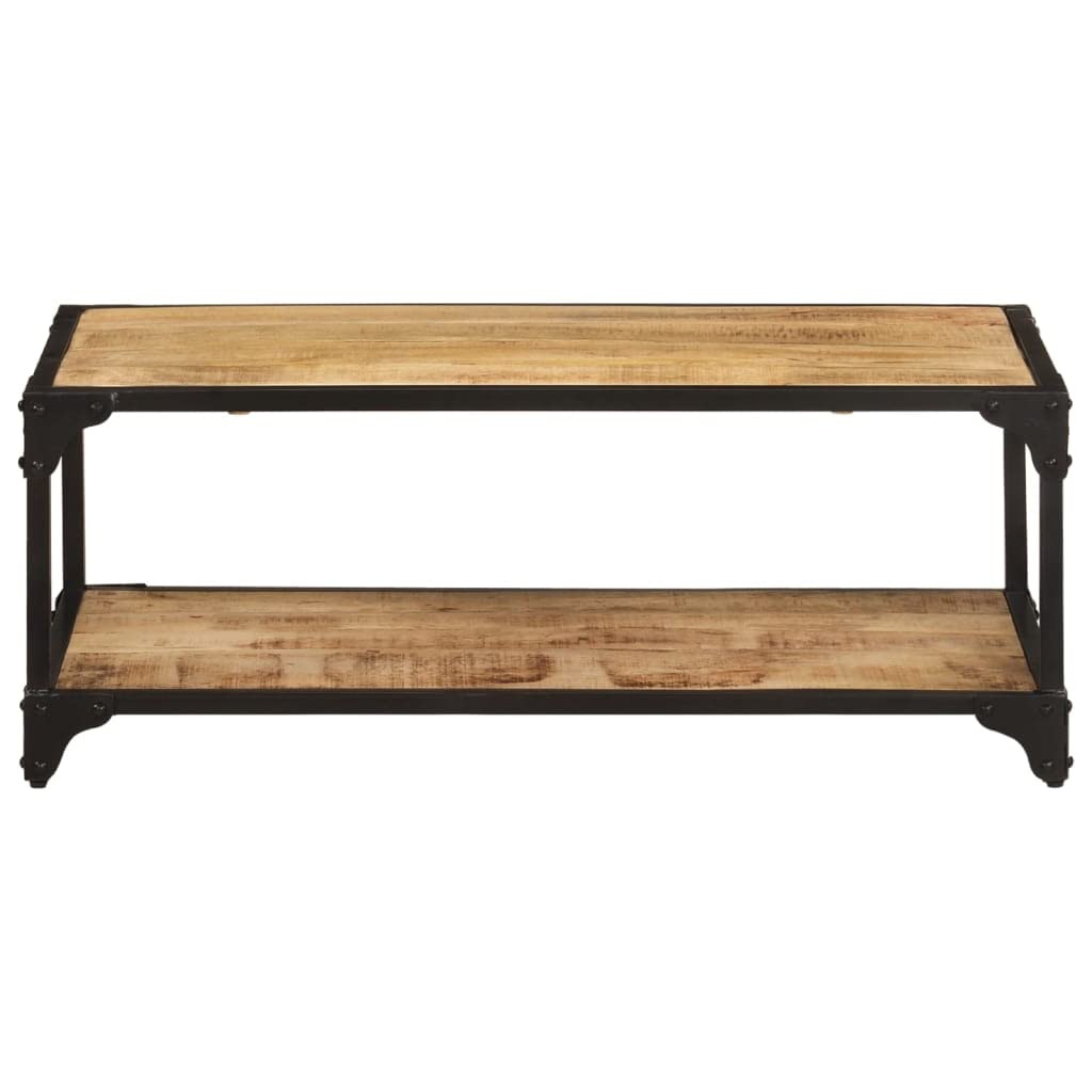 vidaXL Vintage-Style Coffee Table with Storage Shelf, Made from Solid Rough Mango Wood and Black Iron Frame - Rectangular, Retro Design, 35.4x17.7x13.8