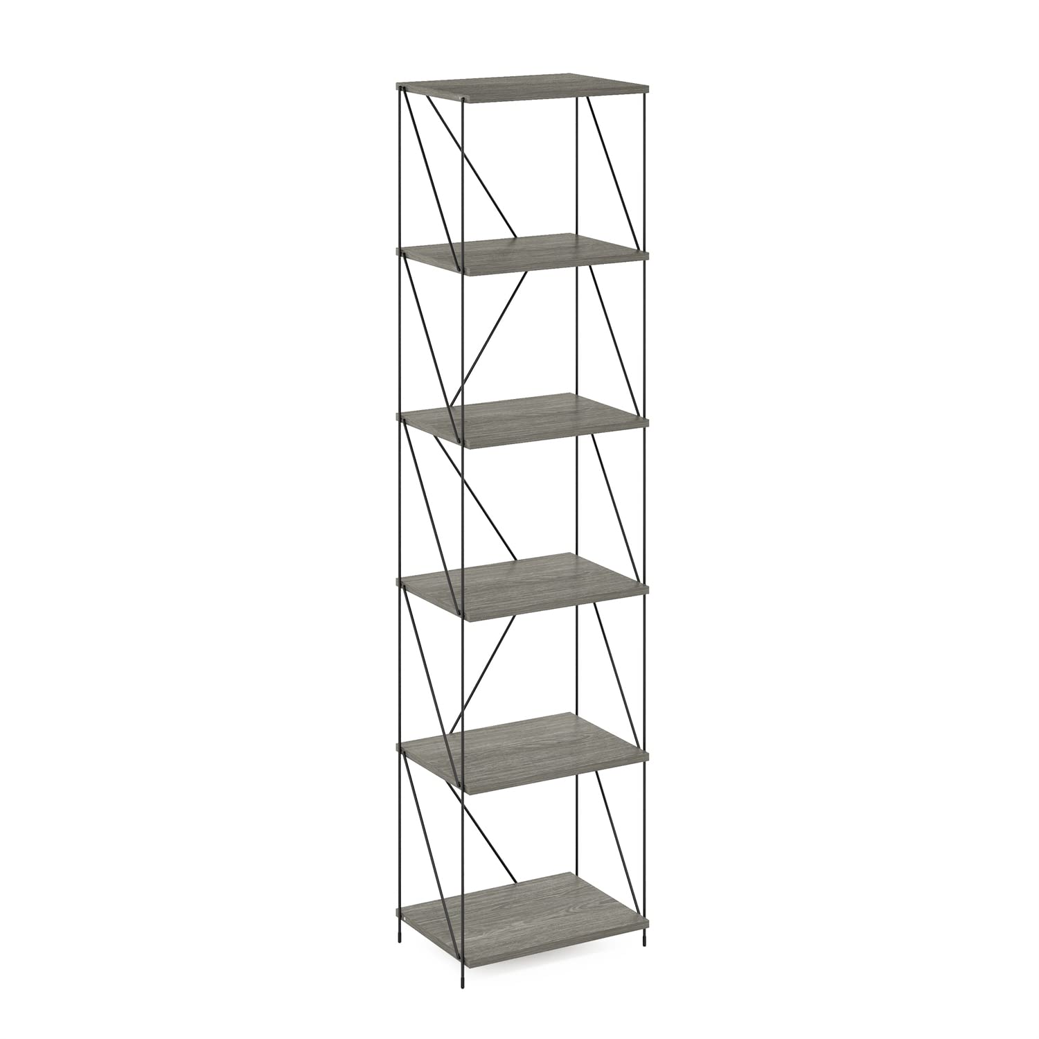 Furinno Besi 6-Tier Industrial Multipurpose Shelf Display Rack with Metal Frame, Narrow, Finn Oak