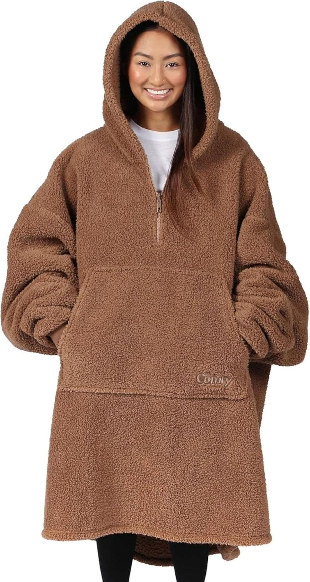 THE COMFY Teddy Bear Quarter-Zip Sherpa Wearable Blanket Camel