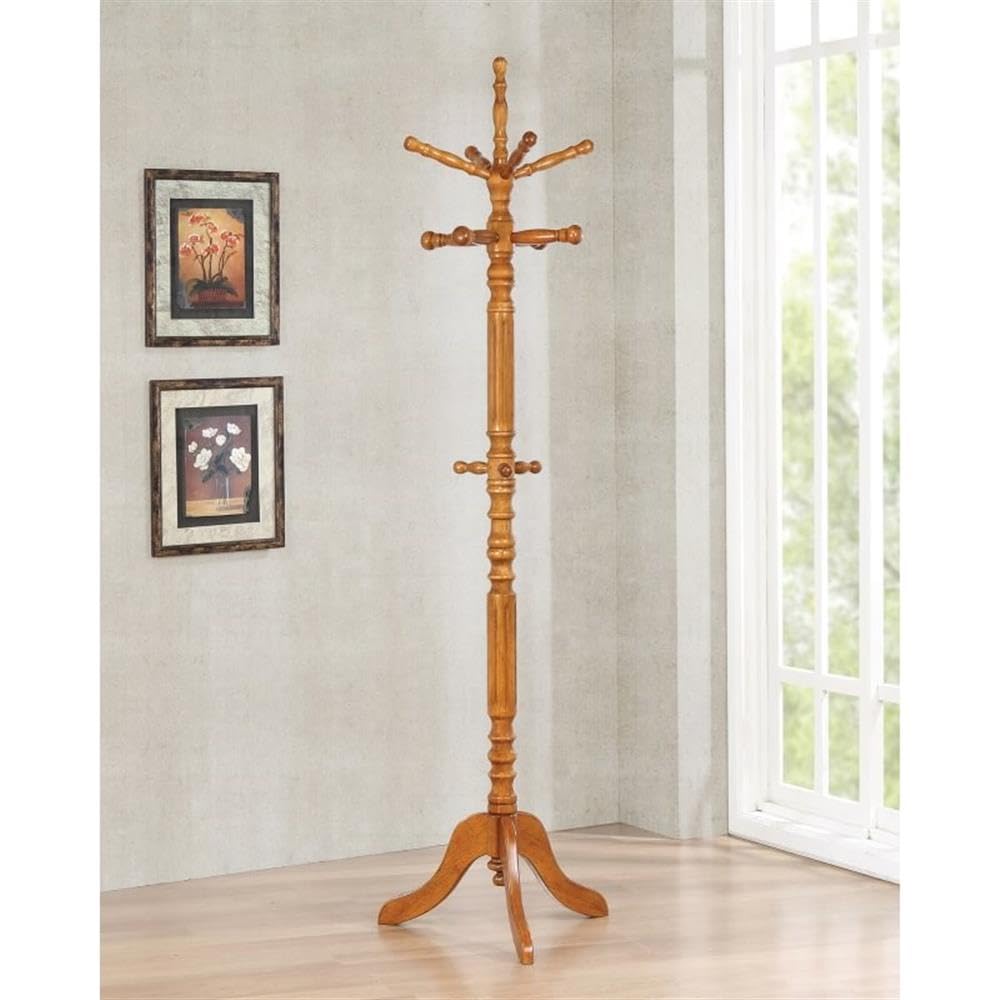 Coaster Home Furnishings Achelle Entryway 11-Hook Freestanding Coat Rack Hat Hanger Sturdy Wooden Hall Tree Clothing Stand Golden Brown 900759