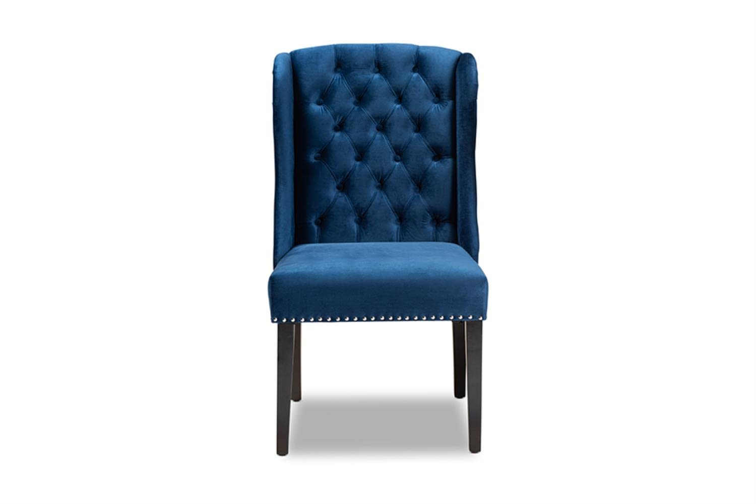 Baxton Studio Lamont Modern Contemporary Transitional Navy Blue Velvet Fabric Upholstered and Dark Brown Finished Wood Wingback Dining Chair