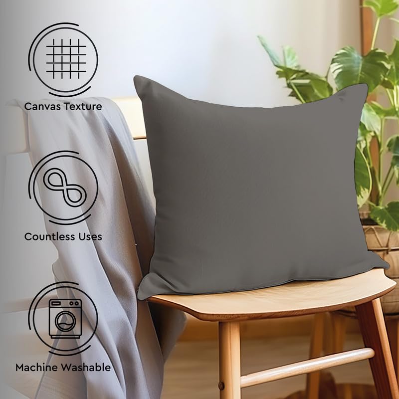 Cotton Canvas Throw Pillow Covers By Encasa Pack Of 2 Grey 12'X12' No Insert With Hidden Zipper | Decorative Cushion Covers Fo
