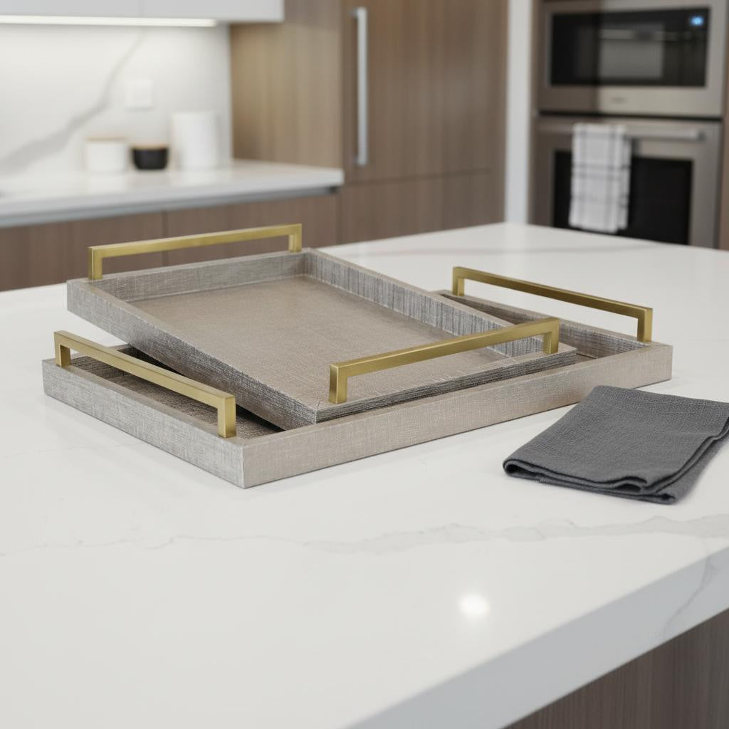 Set of Two Taupe Wood Geometric Handmade Serving Trays With Handles