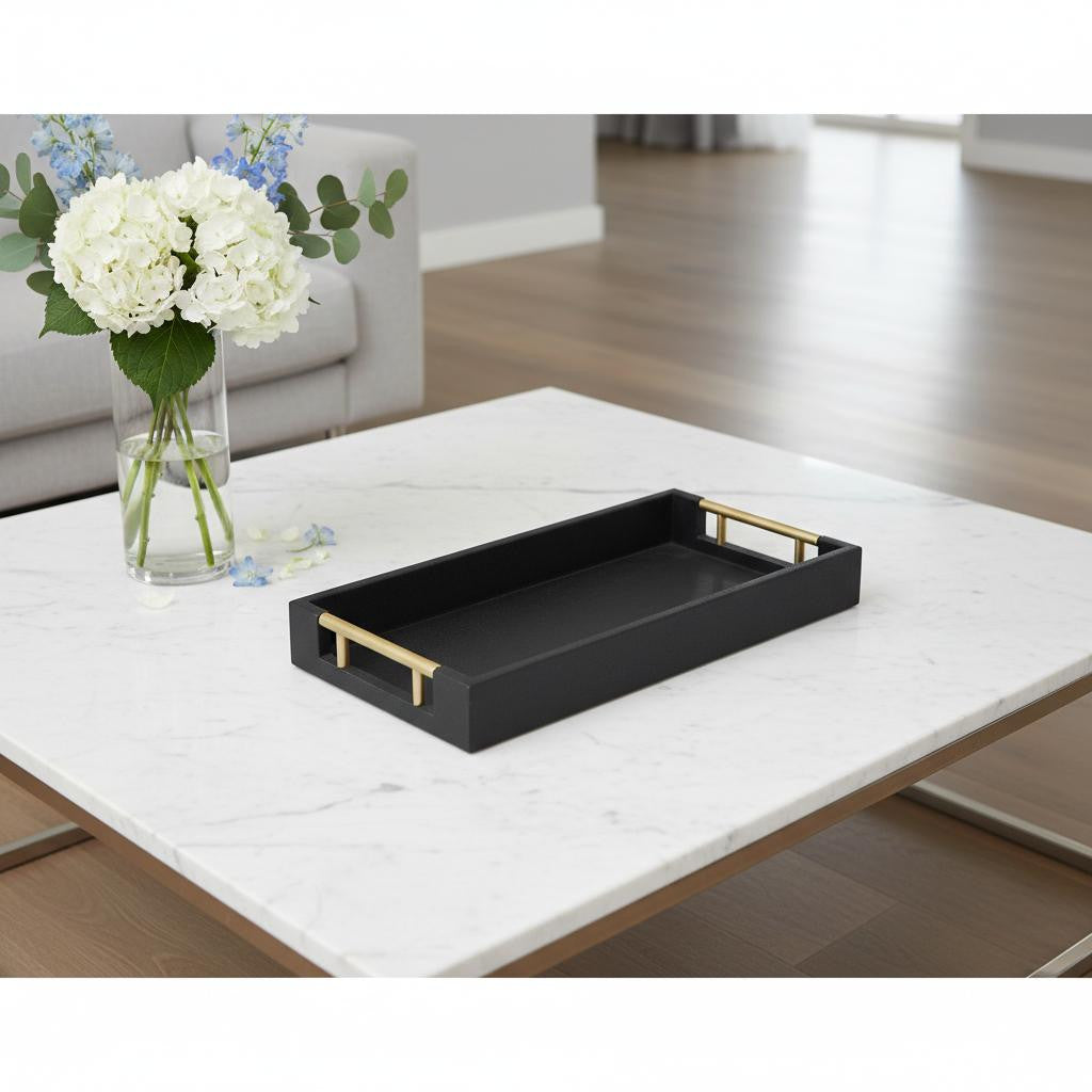 16 Black Wood and Vinyl Faux Shagreen Serving Tray With Gold Handles