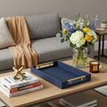 16 Navy Blue Wood Faux Shagreen Serving Tray With Handles