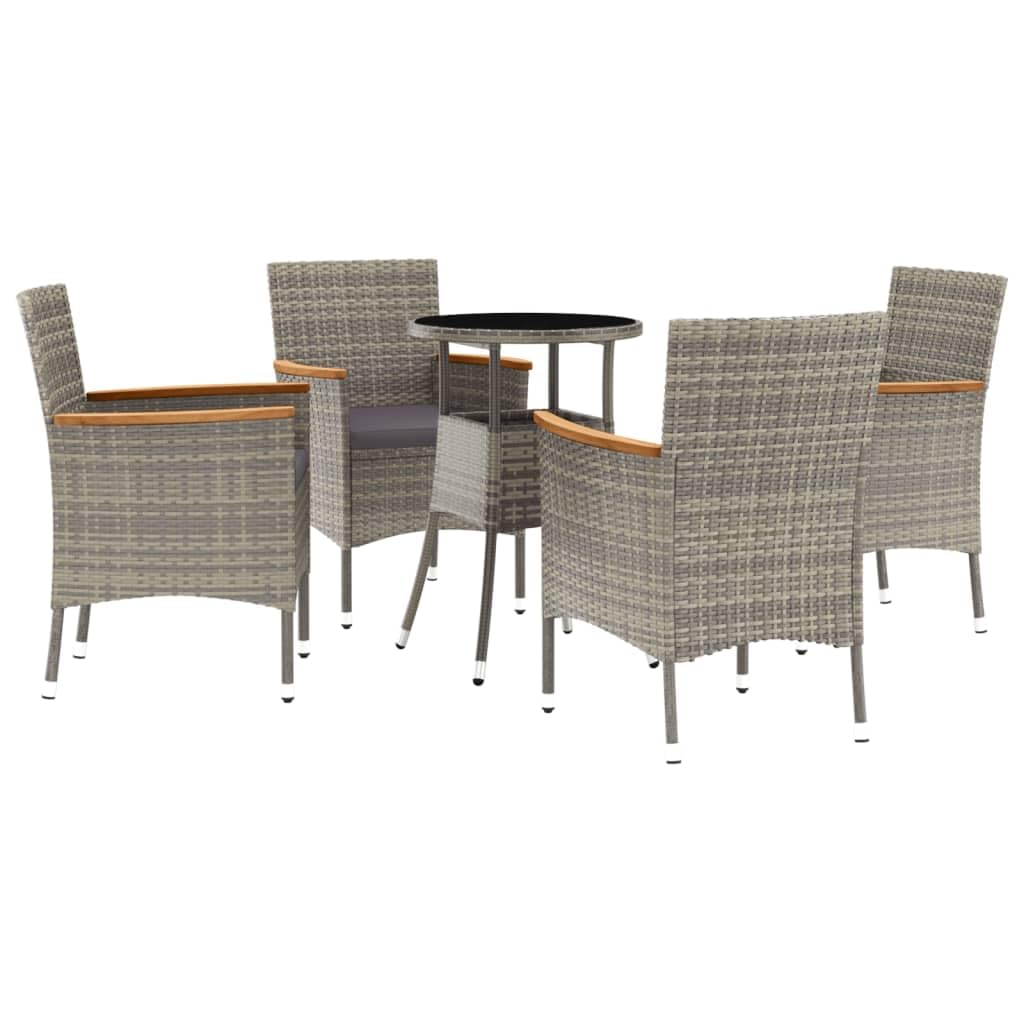 Vidaxl 5-Piece Patio Bistro Set - Outdoor Furniture With Gray Poly Rattan, Powder-Coated Steel Frame, Cushions & Round Glass Table