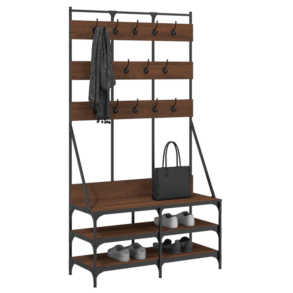 vidaXL Modern Clothes Rack with Shoe Storage - Durable Engineered Wood Coat Stand - Compact, Stylish Design - Brown Oak