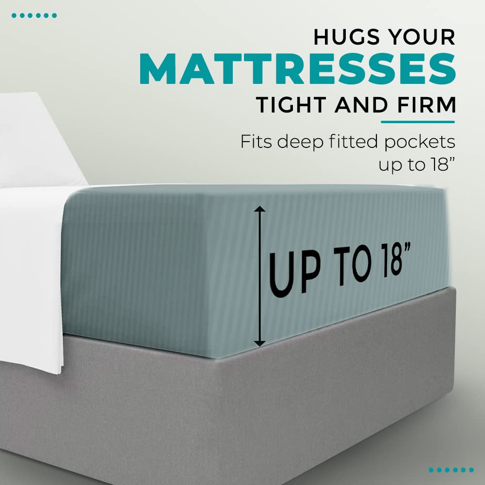 Feather & Stitch 100% Cotton 1 Piece Damask Stripe Twin Fitted Sheet 500 Thread Count Granite Green 18' Extra Deep Pocket Sateen Weave Stretchable Boxer Elastic Fits Mattress Perfectly