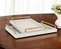 Set of Two Off White Wood and Fabric Nested Serving Trays With Gold Handles