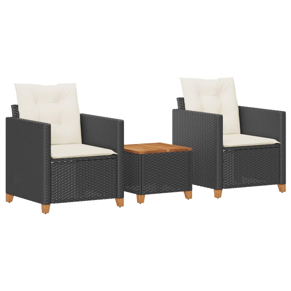 vidaXL 3 Piece Bistro Set - Black Poly Rattan, Acacia Wood/Cushions/Outdoor Furniture, Garden/Patio/Backyard