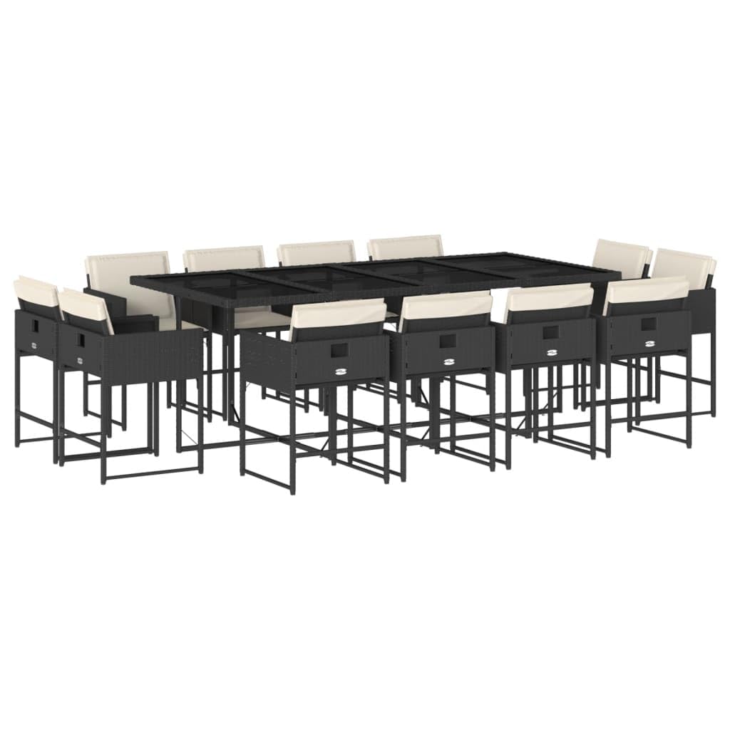 vidaXL 13-Piece Patio Dining Set with Cushions and Tempered Glass Table, PE Poly Rattan Furniture, Black and Cream, Space-Saving for Garden, Backyard, Outdoor Al Fresco Dining