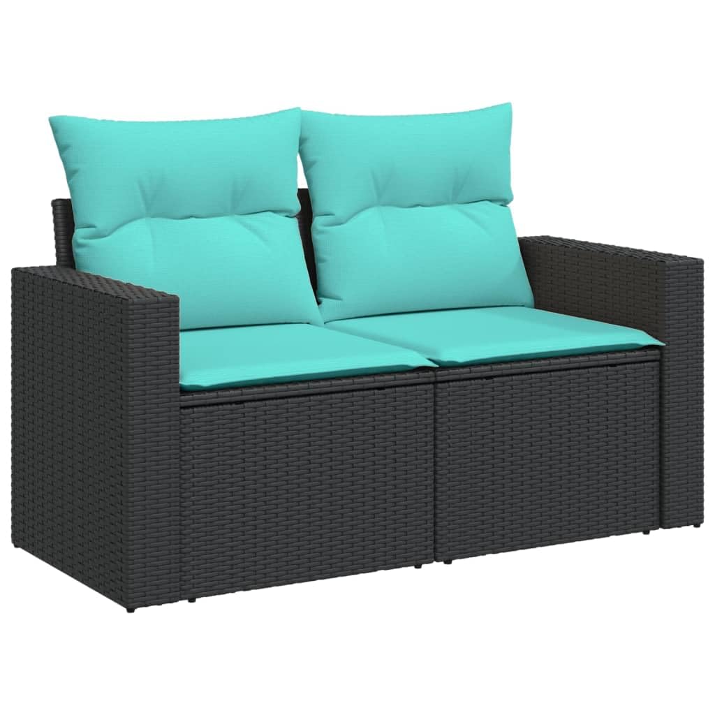 vidaXL Patio Sofa with Cushions - 2-Seater Black Poly Rattan Outdoor Loveseat for Garden, Deck, Patio - UV Resistant, Washable Covers