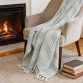 50 X 60 Light Blue And Ivory Striped Cotton Throw Blanket with Fringe