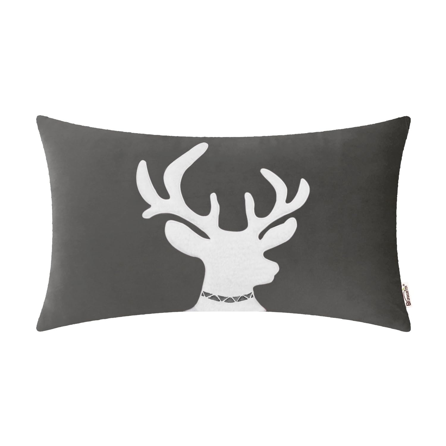 Brawarm Christmas Pillow Cover 12 X 20 Inches, Gray Reindeer Embroidered Lumbar Pillow Cover, Soft Velvet Decorative Throw Pillo