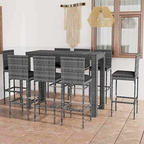 vidaXL Patio Bar Set with Anthracite Cushions 9 Piece Garden Outdoor Backyard Dinner Dining Sets Bistro Table Chair Stool Pub Furniture Poly Rattan