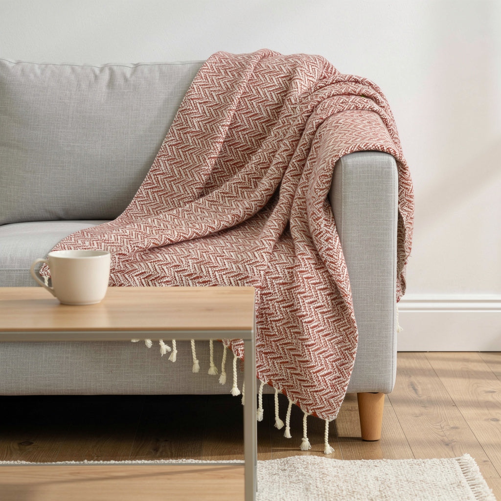 50 X 60 Red Cotton Woven Chevron Throw Blanket with Fringe