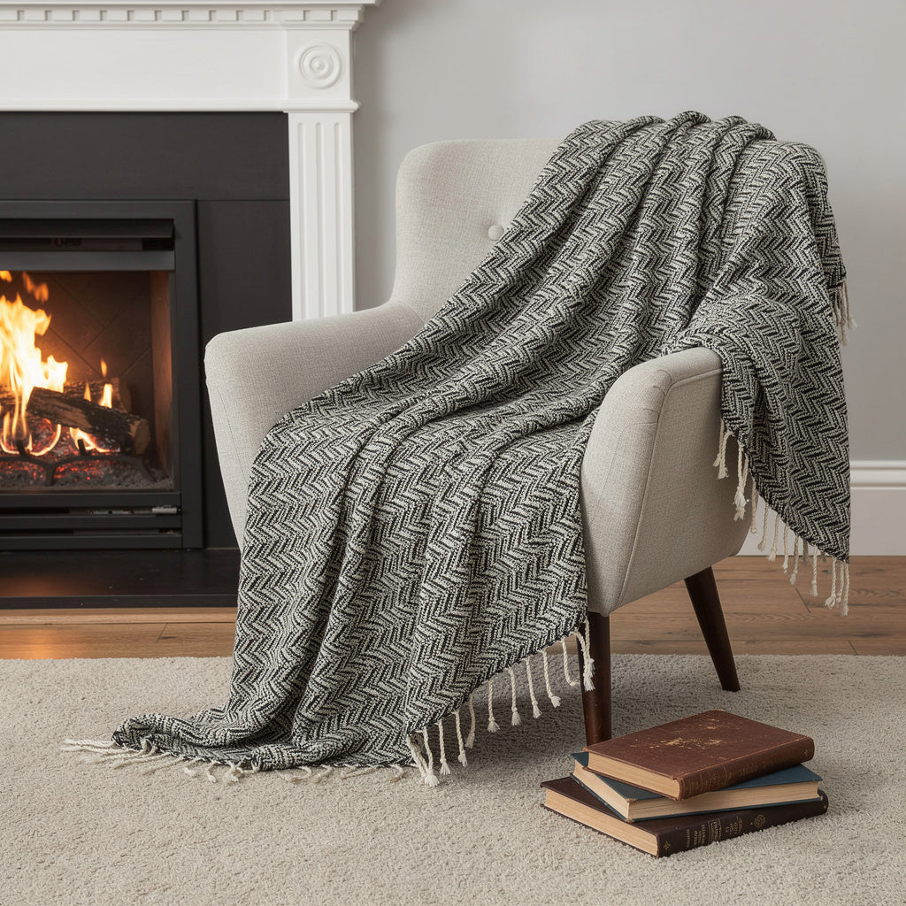 50 X 60 Black And Ivory Chevron Cotton Throw Blanket with Fringe