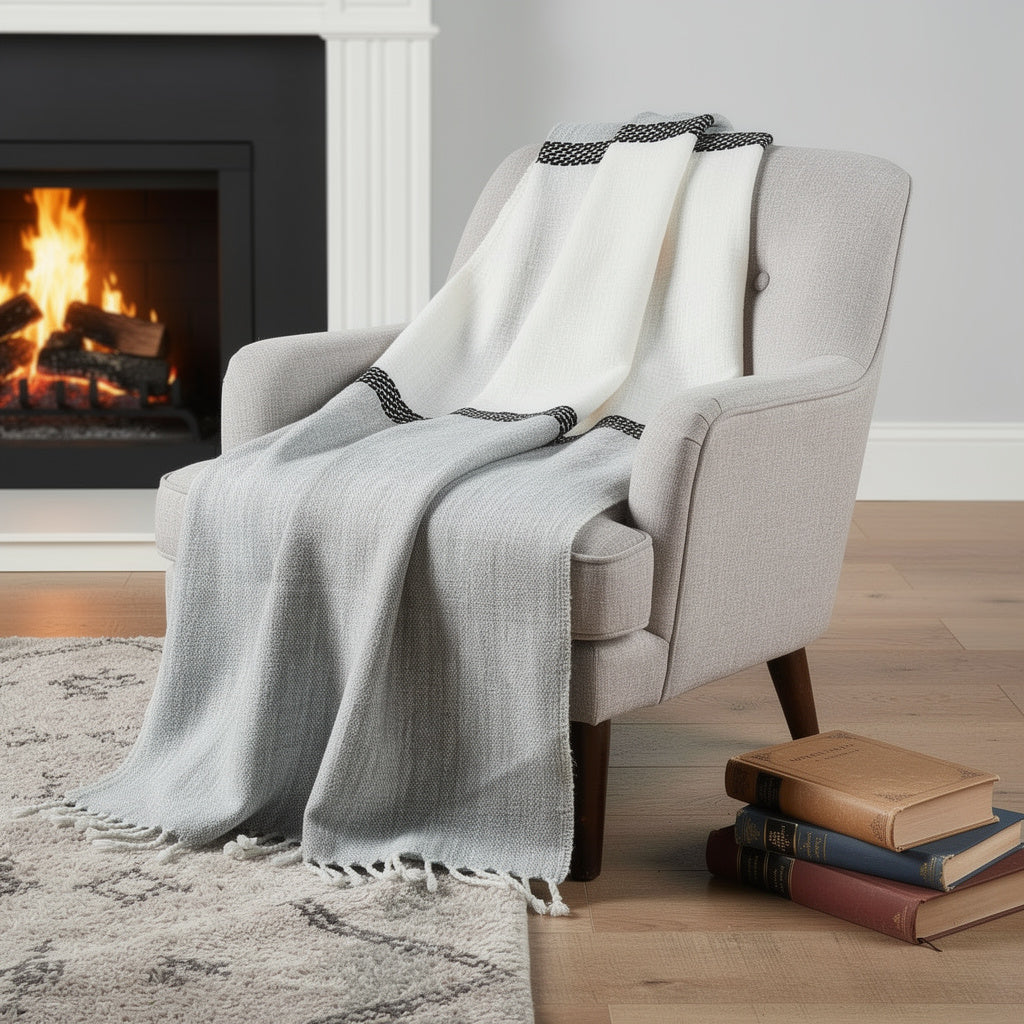 50 X 60 Gray Cotton Woven Color Block Throw Blanket with Fringe