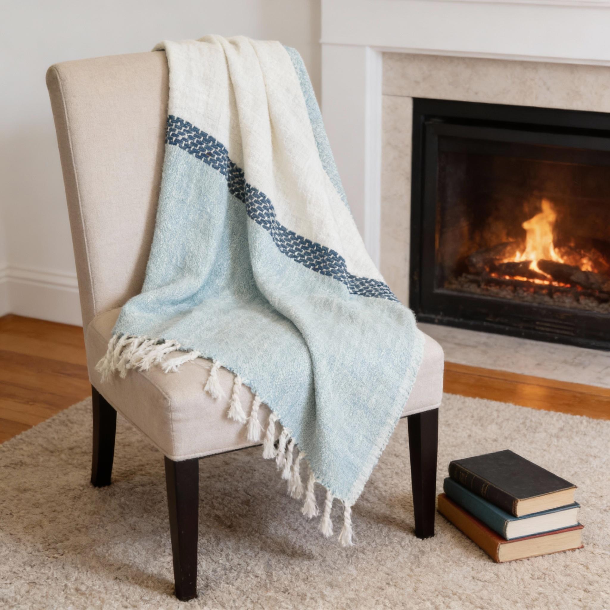 50 X 60 Teal Blue And Ivory Color Block Cotton Throw Blanket with Fringe